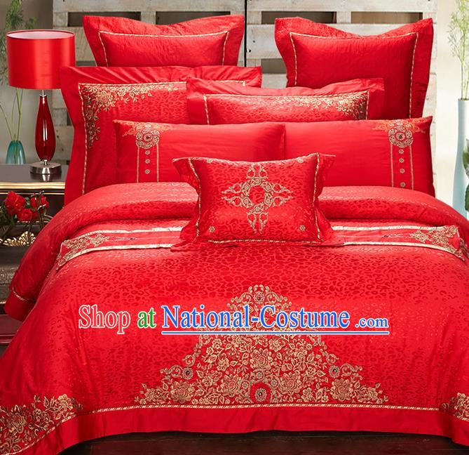 Traditional Asian Chinese Style Wedding Article Embroidery Jacquard Weave Bedding Sheet Complete Set, Red Eleven-piece Duvet Cover Satin Drill Textile Bedding Suit