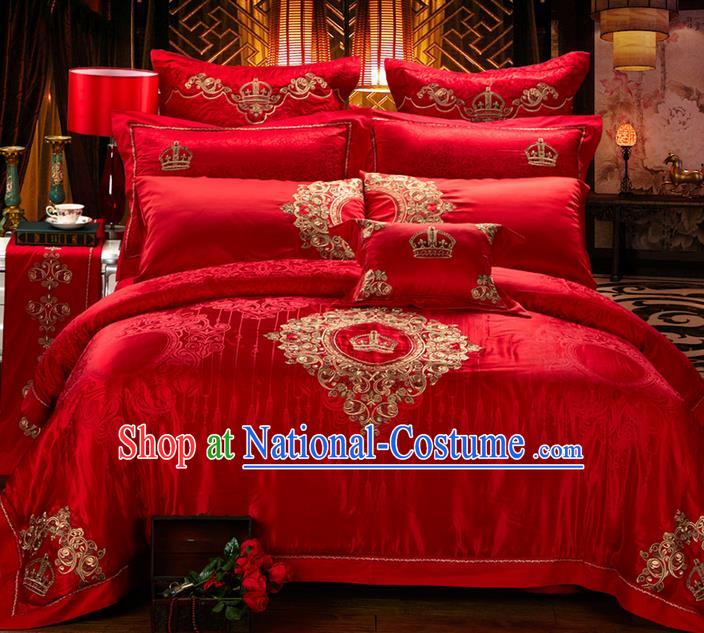 Traditional Asian Chinese Style Wedding Article Jacquard Weave Bedding Sheet Complete Set, Embroidery Royal Crown Red Ten-piece Duvet Cover Satin Drill Textile Bedding Suit