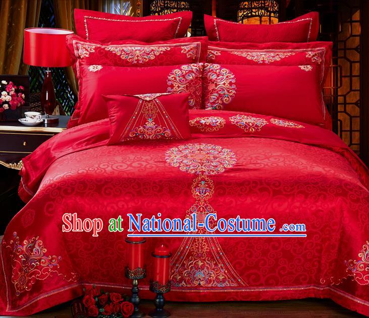 Traditional Asian Chinese Style Wedding Article Embroidery Jacquard Weave Satin Drill Bedding Sheet Complete Set, Duvet Cover Red Textile Bedding Suit