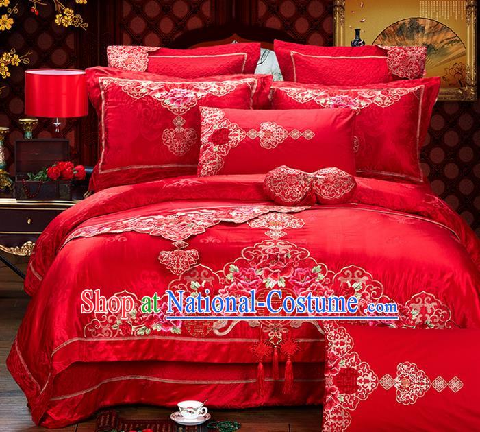 Traditional Asian Chinese Style Wedding Article Jacquard Weave Bedding Sheet Complete Set, Embroidery Peony Red Eight-piece Duvet Cover Satin Drill Textile Bedding Suit