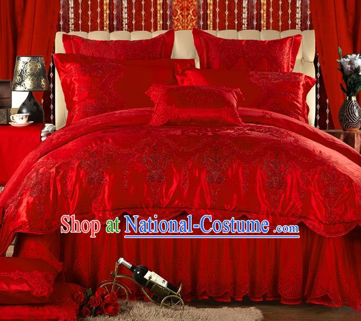 Traditional Asian Chinese Style Wedding Article Jacquard Weave Bedding Sheet Complete Set, Embroidery Red Ten-piece Lace Duvet Cover Satin Drill Textile Bedding Suit