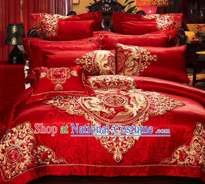 Traditional Asian Chinese Style Wedding Article Bedding Sheet Complete Set, Embroidery Dragon and Phoenix Red Eleven-piece Duvet Cover Satin Drill Textile Bedding Suit