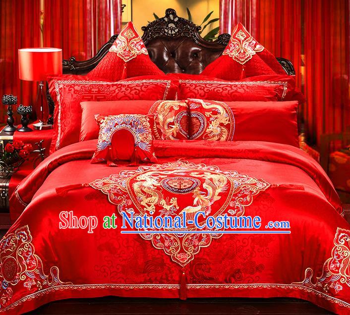 Traditional Asian Chinese Style Wedding Article Peking Opera Bedding Sheet Complete Set, Embroidery Dragon and Phoenix Red Eleven-piece Duvet Cover Satin Drill Textile Bedding Suit