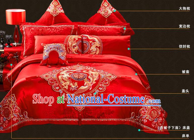 Traditional Chinese Style Wedding Bedding Article Embroidery Dragon and Phoenix Sheet and Duvet Cover Red Textile Bedding Suit