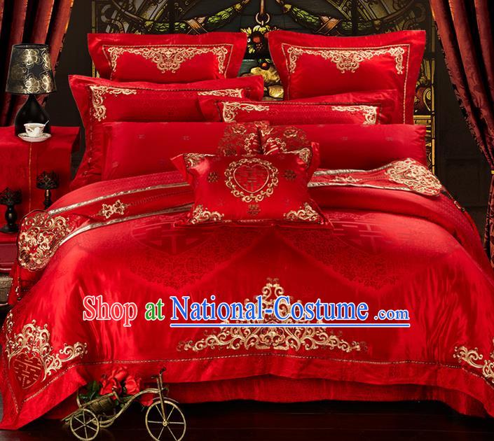 Traditional Asian Chinese Style Wedding Article Bedding Double Happiness Sheet Complete Set, Golden Embroidery Red Eleven-piece Duvet Cover Satin Drill Textile Bedding Suit