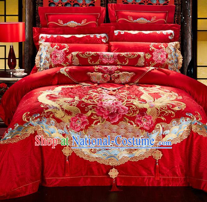 Traditional Asian Chinese Style Wedding Article Bedding Peony Sheet Complete Set, Embroidery Dragon and Phoenix Red Twelve-piece Duvet Cover Satin Drill Textile Bedding Suit