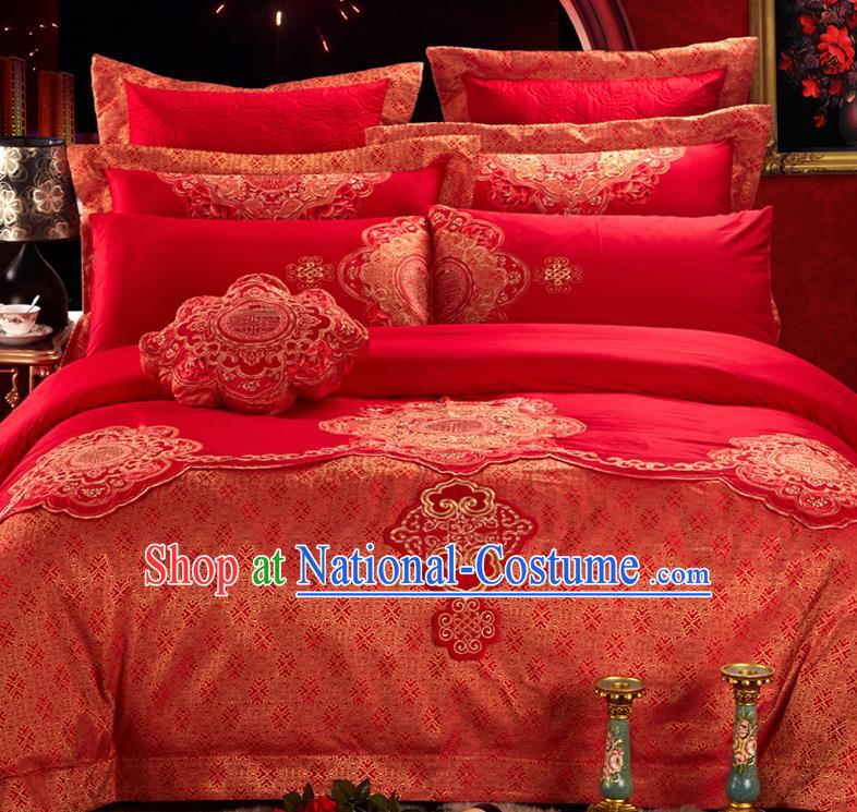 Traditional Asian Chinese Style Wedding Article Bedding Sheet Complete Set, Embroidery Red Nine-piece Duvet Cover Satin Drill Textile Bedding Suit