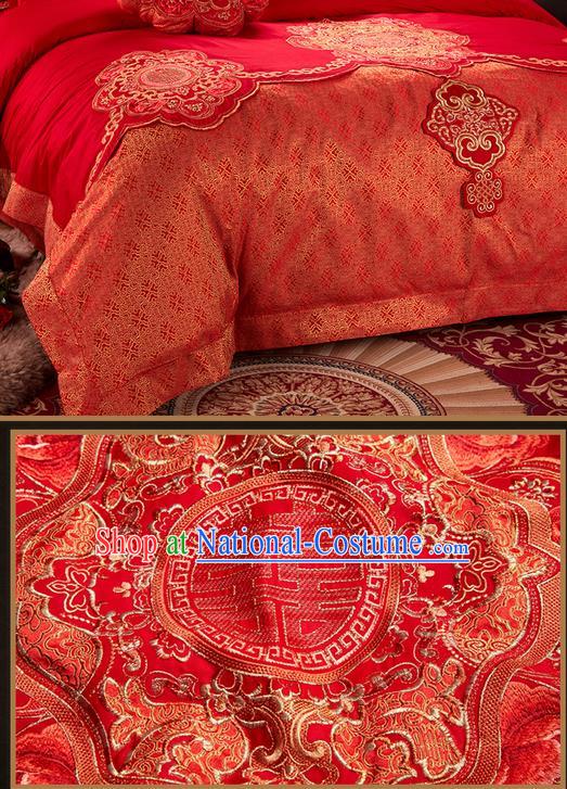 Traditional Chinese Style Wedding Bedding Article Embroidery Dragon and Phoenix Sheet and Duvet Cover Red Textile Bedding Suit