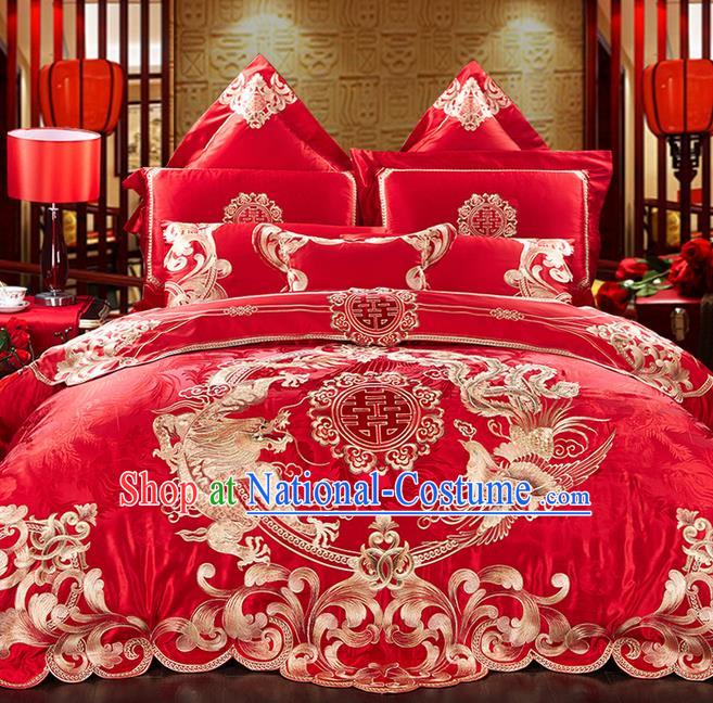 Traditional Asian Chinese Style Wedding Article Bedding Dragon and Phoenix Sheet Complete Set, Embroidery Peony Red Eleven-piece Duvet Cover Satin Drill Textile Bedding Suit