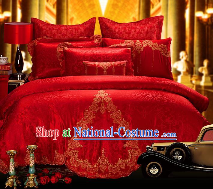 Traditional Asian Chinese Style Wedding Article Embroidery Jacquard Weave Satin Drill Bedding Sheet Complete Set, Duvet Cover Red Textile Bedding Six-piece Suit