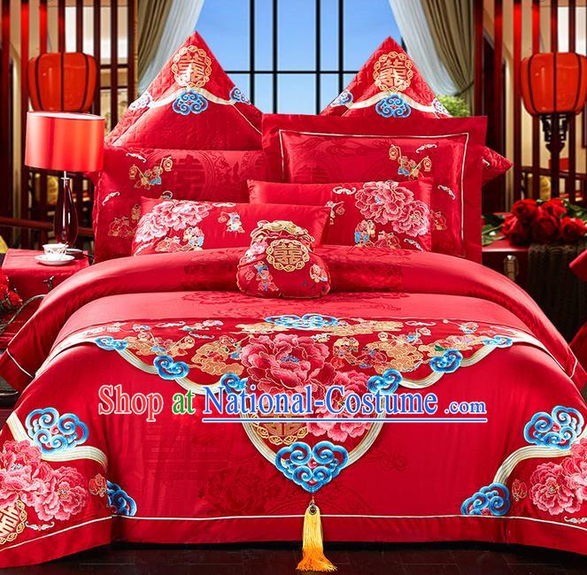 Traditional Asian Chinese Style Wedding Article Bedding Hundred Sons Sheet Complete Set, Embroidery Peony Red Eleven-piece Duvet Cover Satin Drill Textile Bedding Suit