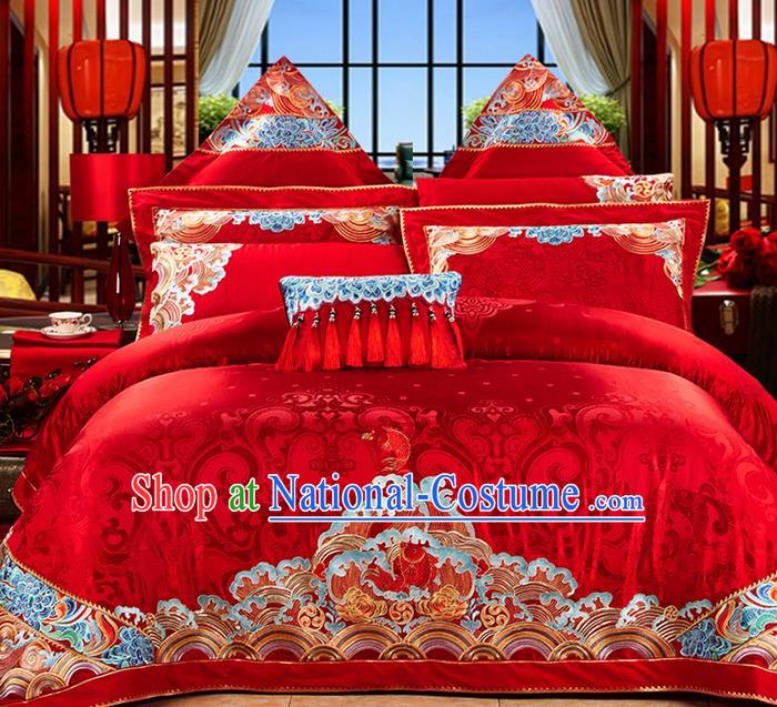 Traditional Asian Chinese Style Wedding Article Bedding Red Sheet Complete Set, Embroidery Dragon and Phoenix Eleven-piece Duvet Cover Satin Drill Textile Bedding Suit