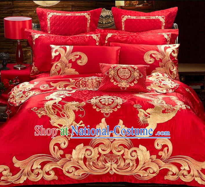 Traditional Asian Chinese Style Wedding Article Bedding Red Sheet Complete Set, Embroidery Dragon and Phoenix Eleven-piece Duvet Cover Satin Drill Textile Bedding Suit