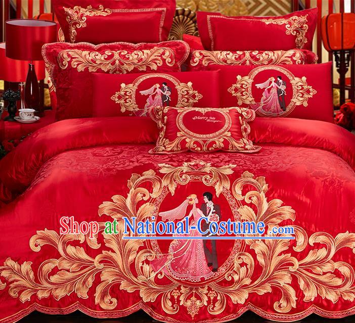 Traditional Asian Chinese Style Wedding Article Bedding Red Sheet Complete Set, Embroidery Bride Bridegroom Ten-piece Duvet Cover Satin Drill Textile Bedding Suit