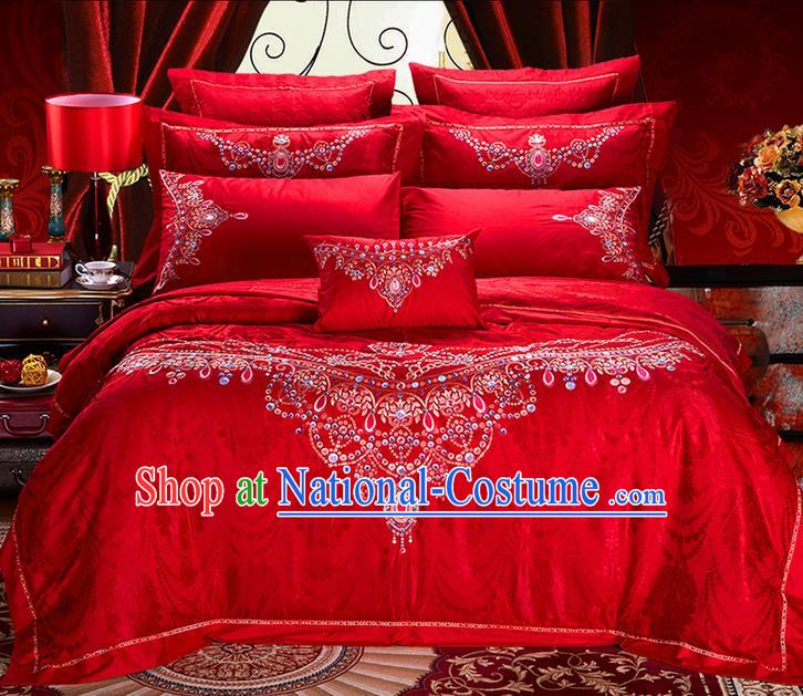 Traditional Asian Chinese Style Wedding Article Bedding Red Sheet Complete Set, Embroidery Bride Ten-piece Duvet Cover Satin Drill Textile Bedding Suit