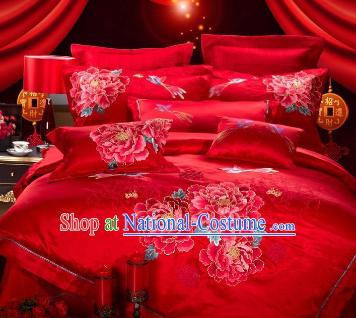 Traditional Asian Chinese Style Wedding Article Bedding Red Sheet Complete Set, Embroidery Peony Eleven-piece Duvet Cover Satin Drill Textile Bedding Suit