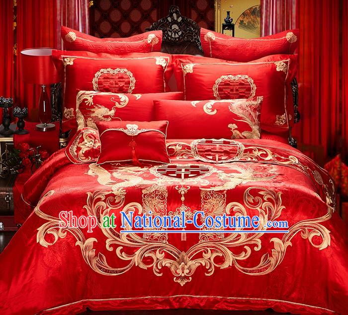 Traditional Asian Chinese Style Wedding Article Bedding Golden Dragon and Phoenix Sheet Complete Set, Embroidery Six-piece Duvet Cover Satin Drill Textile Bedding Suit