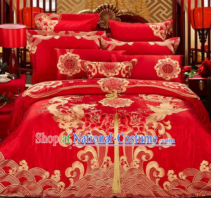 Traditional Asian Chinese Style Wedding Article Bedding Golden Dragon and Phoenix Sheet Complete Set, Embroidery Peony Eleven-piece Duvet Cover Satin Drill Textile Bedding Suit