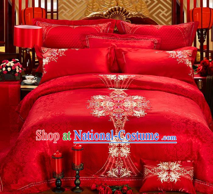 Traditional Asian Chinese Style Wedding Article Bedding Sheet Complete Set, Embroidery Peony Ten-piece Duvet Cover Satin Drill Textile Bedding Suit