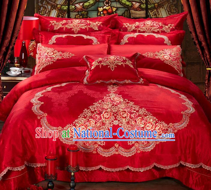 Traditional Asian Chinese Style Wedding Article Bedding Heart-shaped Sheet Complete Set, Embroidery Peony Ten-piece Duvet Cover Satin Drill Textile Bedding Suit