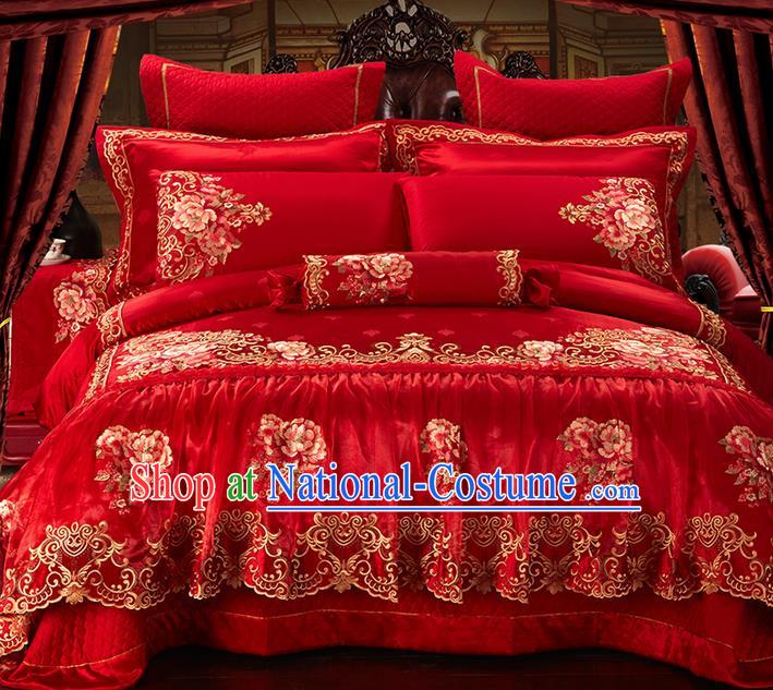 Traditional Asian Chinese Style Wedding Article Embroidery Peony Satin Drill Bedding Sheet Complete Set, Duvet Cover Red Lace Textile Bedding Ten-piece Suit