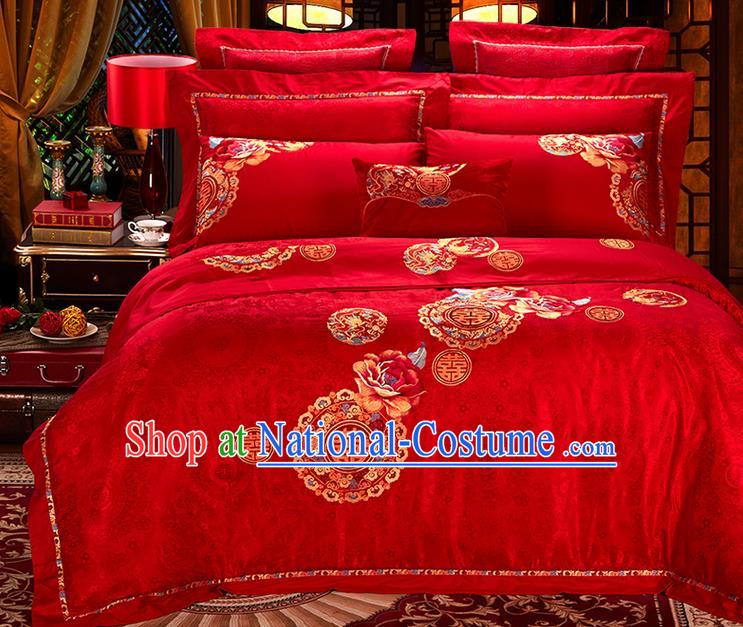 Traditional Asian Chinese Style Wedding Article Embroidery Happy Character Satin Drill Bedding Sheet Complete Set, Duvet Cover Red Lace Textile Bedding Six-piece Suit