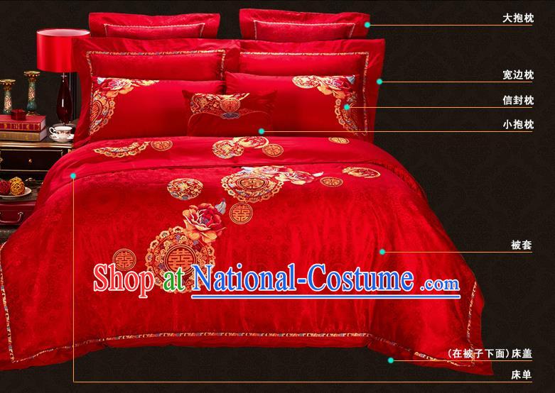 Traditional Chinese Style Wedding Bedding Article Embroidery Dragon and Phoenix Sheet and Duvet Cover Red Textile Bedding Suit