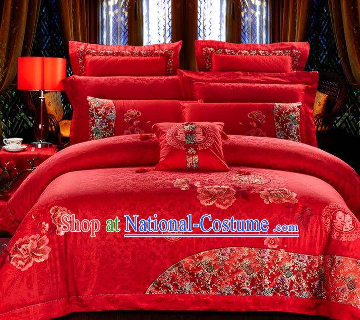 Traditional Asian Chinese Style Wedding Article Bedding Flowers Sheet Complete Set, Embroidery Peony Ten-piece Duvet Cover Satin Drill Textile Bedding Suit