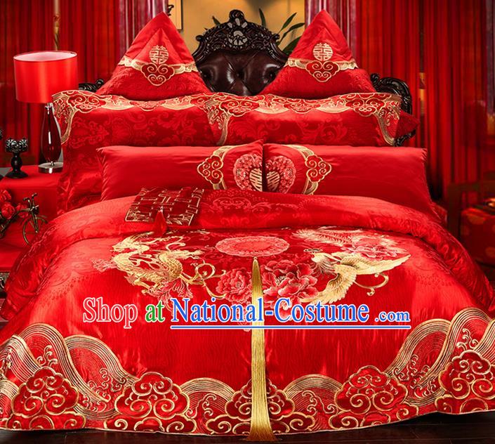 Traditional Asian Chinese Style Wedding Article Bedding Peking Opera Sheet Complete Set, Embroidery Dragon and Phoenix Twelve-piece Duvet Cover Satin Drill Textile Bedding Suit