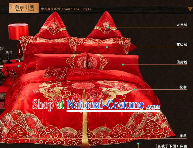 Traditional Chinese Style Wedding Bedding Article Embroidery Dragon and Phoenix Sheet and Duvet Cover Red Textile Bedding Suit