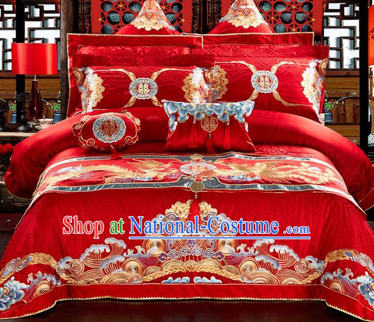 Traditional Asian Chinese Style Wedding Article Bedding Peking Opera Sheet Complete Set, Embroidery Dragon and Phoenix Twelve-piece Duvet Cover Satin Drill Textile Bedding Suit