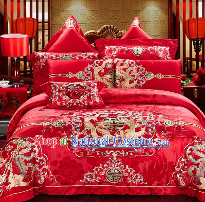 Traditional Asian Chinese Style Wedding Article Bedding Sheet Complete Set, Embroidery Peony Dragon and Phoenix Eleven-piece Duvet Cover Satin Drill Textile Bedding Suit