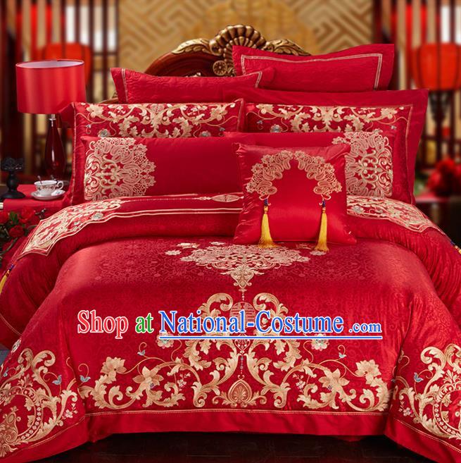 Traditional Asian Chinese Style Wedding Article Palace Embroidered Qulit Cover Bedding Sheet Complete Set, Jacquard Weave Satin Drill Eleven-piece Duvet Cover Textile Bedding Suit