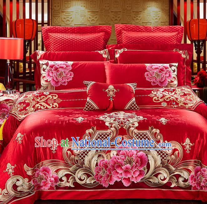 Traditional Asian Chinese Style Wedding Article Palace Embroidered Peony Qulit Cover Bedding Sheet Complete Set, Jacquard Weave Satin Drill Eleven-piece Duvet Cover Textile Bedding Suit