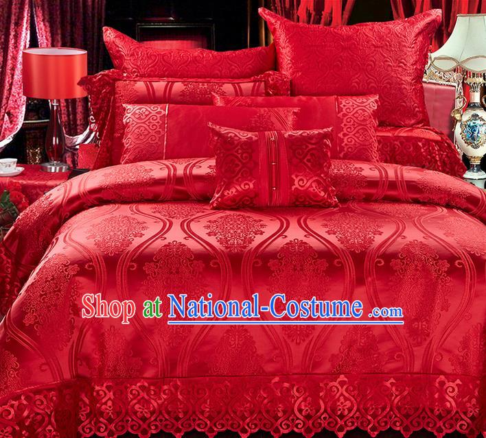 Traditional Asian Chinese Style Wedding Article Bedding Sheet Complete Set, Jacquard Weave Satin Drill Ten-piece Duvet Cover Textile Bedding Suit