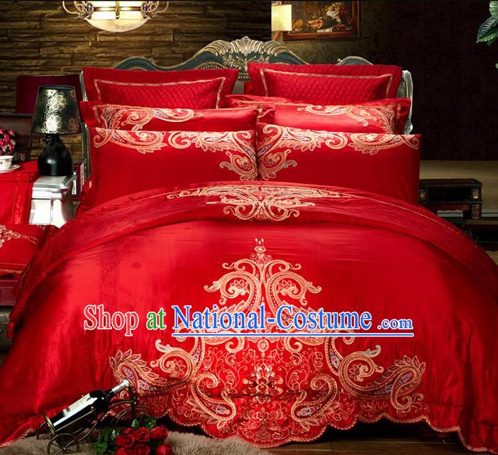 Traditional Asian Chinese Style Wedding Article Palace Embroidered Bedding Sheet Complete Set, Jacquard Weave Satin Drill Ten-piece Duvet Cover Textile Bedding Suit