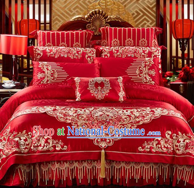 Traditional Asian Chinese Style Wedding Article Palace Lace Qulit Cover Bedding Sheet Complete Set, Embroidered Peony Jacquard Weave Satin Drill Eleven-piece Duvet Cover Textile Bedding Suit