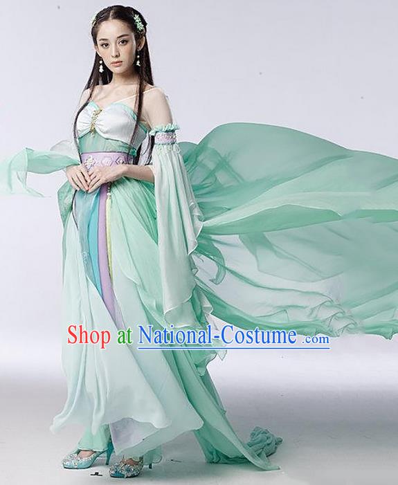 Traditional Asian Chinese Ancient Apsara Peri Costume, China Elegant Hanfu Clothing Tang Dynasty Palace Princess Fairy Green Dance Dress Clothing for Women