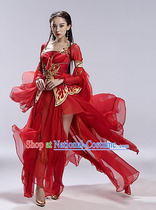 Traditional Asian Chinese Ancient Apsara Peri Costume, China Elegant Hanfu Clothing Tang Dynasty Palace Princess Fairy Red Flying Dance Dress Clothing for Women