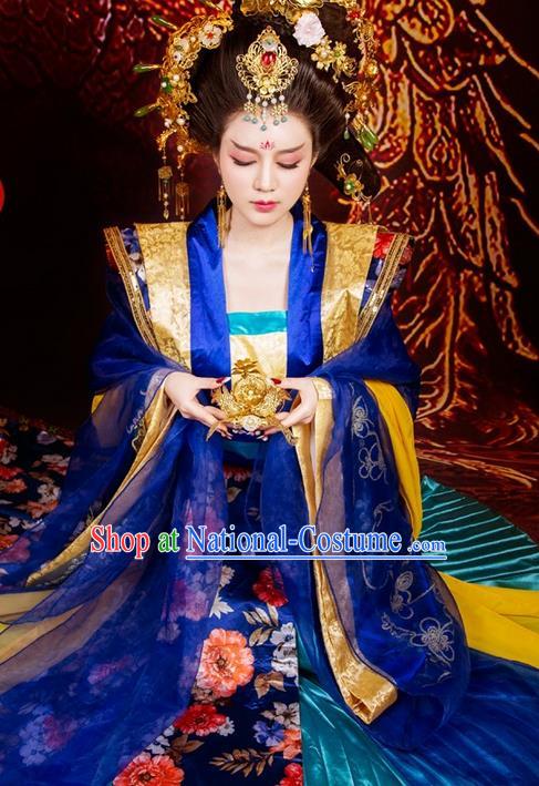 Traditional Asian Chinese Ancient Imperial Consort Costume, China Elegant Hanfu Clothing Tang Dynasty Imperial Concubine Embroidered Tailing Dress Clothing for Women