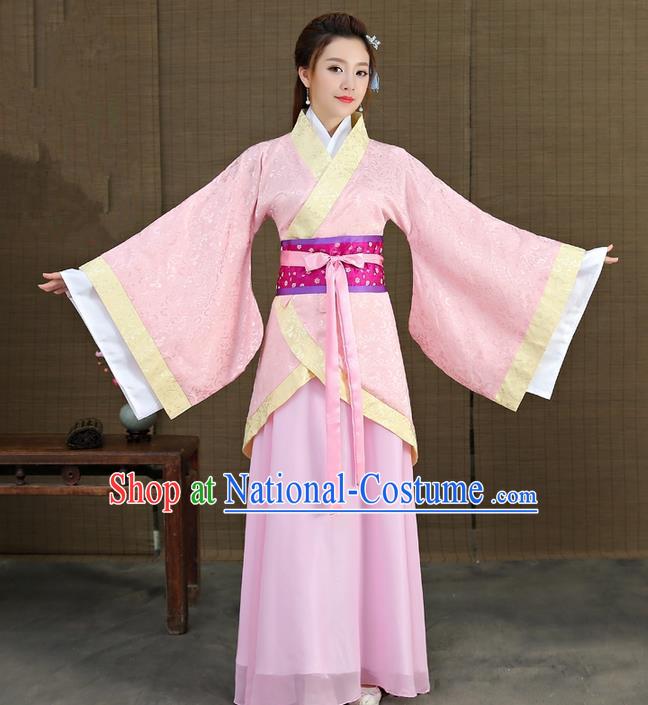 Traditional Asian Chinese Ancient Han Dynasty Imperial Princess Costume, China Elegant Hanfu Clothing Fairy Noble Lady Embroidered Pink Dress Clothing