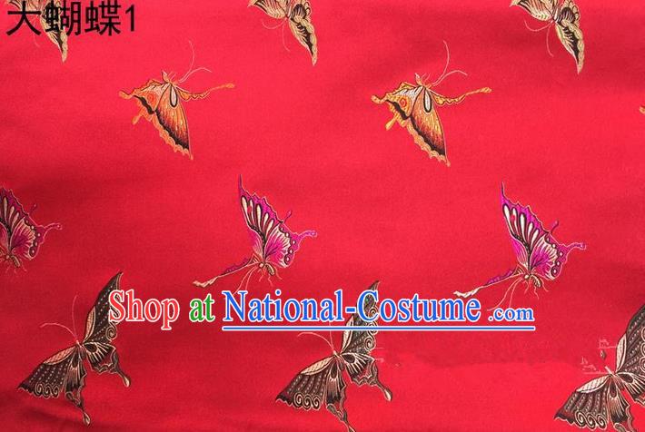 Asian Chinese Traditional Printing Colorful Butterfly Red Silk Fabric, Top Grade Brocade Satin Tang Suit Hanfu Dress Fabric Cheongsam Cloth Material