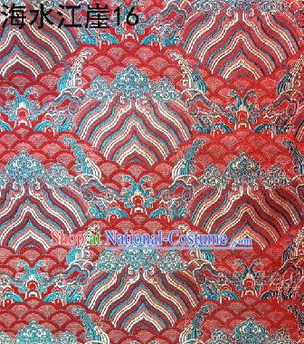 Asian Chinese Traditional Hill Sea Red Silk Fabric, Top Grade Arhat Bed Brocade Satin Tang Suit Hanfu Dress Fabric Cheongsam Cloth Material