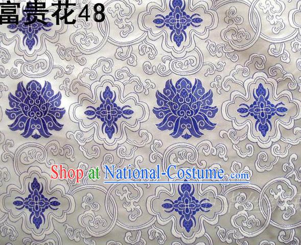 Asian Chinese Traditional Blue Riches and Honour Flowers White Embroidered Silk Fabric, Top Grade Arhat Bed Brocade Satin Tang Suit Hanfu Dress Fabric Cheongsam Cloth Material