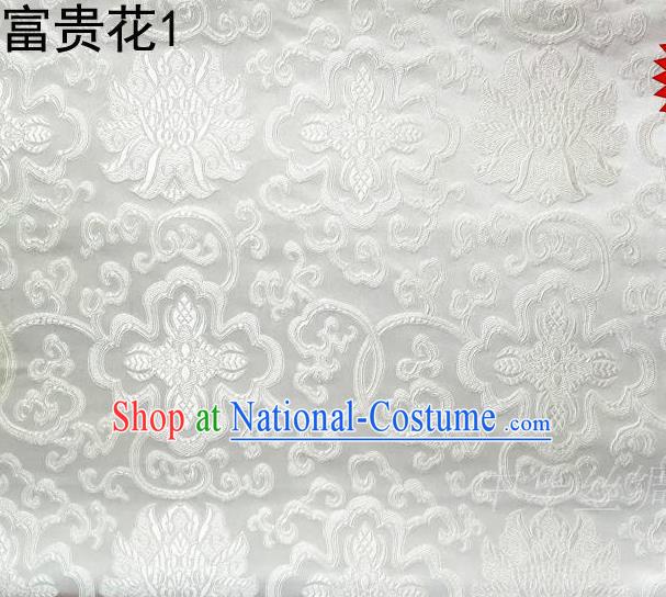 Asian Chinese Traditional Riches and Honour Flowers White Embroidered Silk Fabric, Top Grade Arhat Bed Brocade Satin Tang Suit Hanfu Dress Fabric Cheongsam Cloth Material