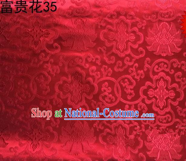 Asian Chinese Traditional Riches and Honour Flowers Red Embroidered Silk Fabric, Top Grade Arhat Bed Brocade Satin Tang Suit Hanfu Dress Fabric Cheongsam Cloth Material