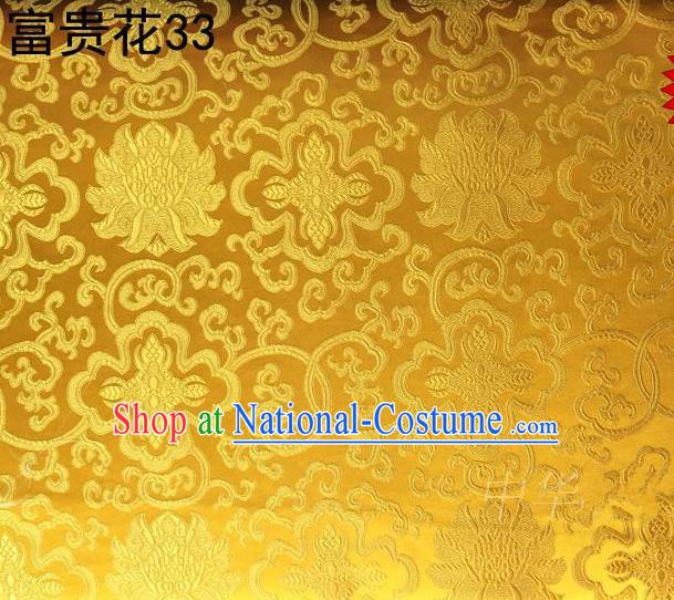 Asian Chinese Traditional Riches and Honour Flowers Golden Embroidered Silk Fabric, Top Grade Arhat Bed Brocade Satin Tang Suit Hanfu Dress Fabric Cheongsam Cloth Material