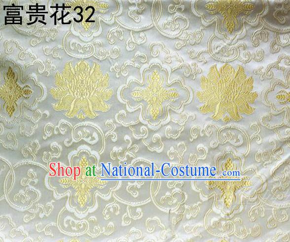 Asian Chinese Traditional Golden Riches and Honour Flowers Embroidered White Silk Fabric, Top Grade Arhat Bed Brocade Satin Tang Suit Hanfu Dress Fabric Cheongsam Cloth Material