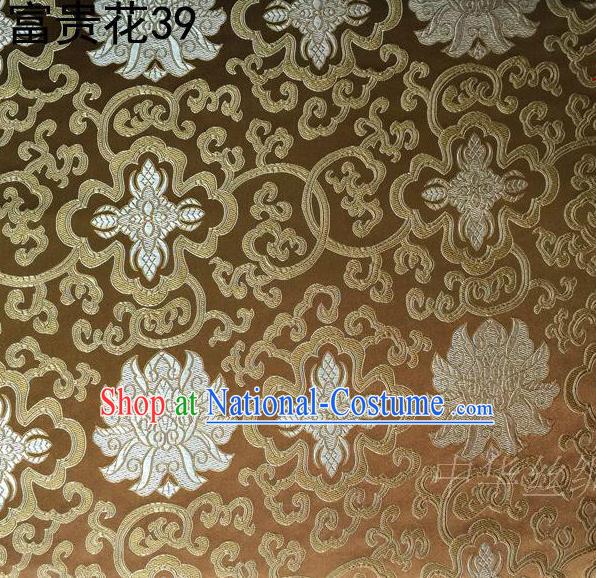 Asian Chinese Traditional White Riches and Honour Flowers Embroidered Mud Golden Silk Fabric, Top Grade Arhat Bed Brocade Satin Tang Suit Hanfu Dress Fabric Cheongsam Cloth Material