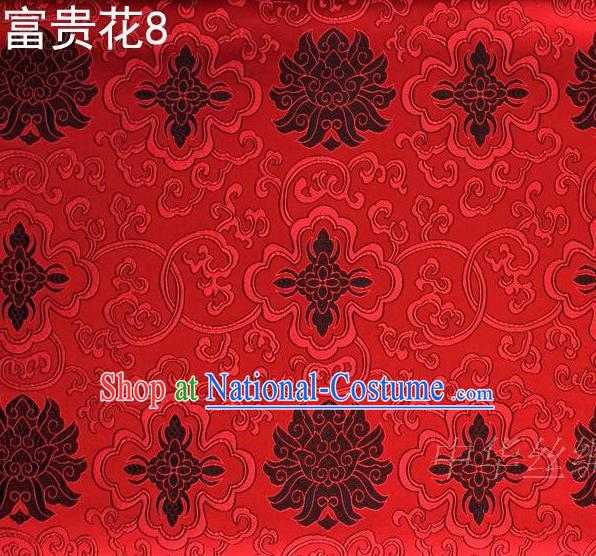 Asian Chinese Traditional Black Riches and Honour Flowers Embroidered Red Silk Fabric, Top Grade Arhat Bed Brocade Satin Tang Suit Hanfu Dress Fabric Cheongsam Cloth Material